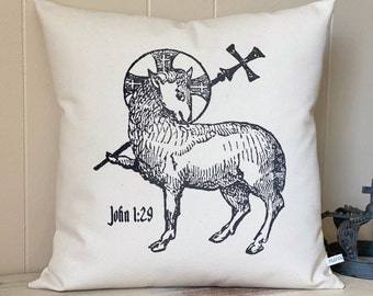 Lamb of God pillow cover; Angus Dei pillow; John 1:29 pillow; layering size pillow; Christian, Scripture, Prayer decor; #721