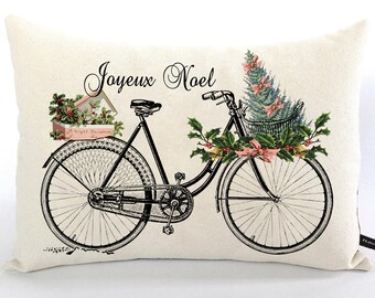 Christmas Bike pillow cover; Joyeux Noel pillow; Pink French Christmas pillow; French lumbar pillow; Shabby, cottage decor; #546