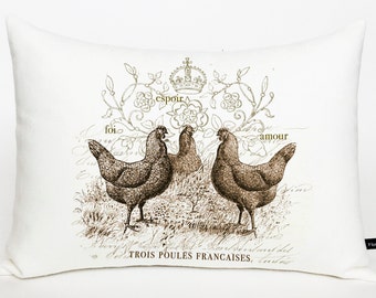 Three French Hens pillow cover; Faith, Hope, Love pillow, French lumbar pillow; French, cottage, shabby decor; #255