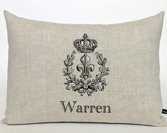 Personalized French Fleur de Lis Crown pillow cover; French lumbar pillow; French country, cottage, shabby decor; #106