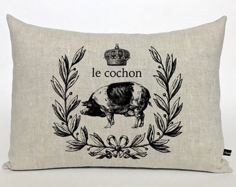 French Pig Lumbar Pillow Cover: Farmhouse Linen Decor