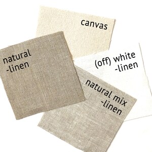 K&ouml;nnte beinhalten: Vier Stoffmuster in verschiedenen Farben und Texturen: Naturleinen, Naturleinen-Mix, (abge)wei&szlig;es Leinen und Leinwand.