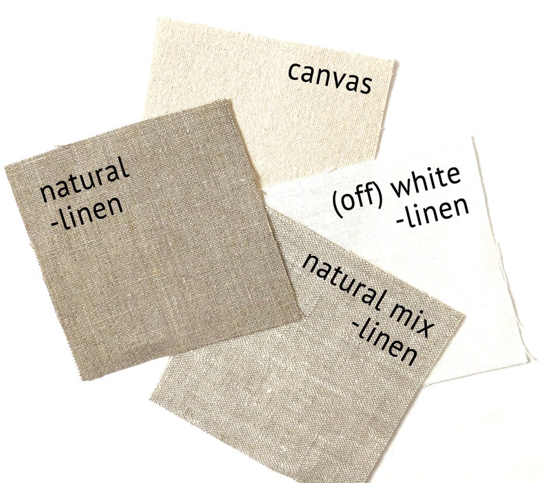K&ouml;nnte beinhalten: Vier Stoffmuster in verschiedenen Farben und Texturen: Naturleinen, Naturleinen-Mix, (abge)wei&szlig;es Leinen und Leinwand.