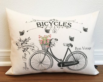French Rose Bicycle pillow cover with Butterflies; French lumbar pillow; French Country, Cottage, Shabby, Farmhouse decor; #238