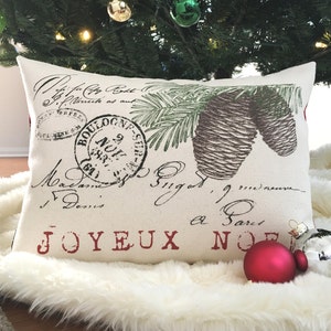 Joyeux Noel Pine Cone pillow cover, French Christmas pillow; French lumbar pillow; French, Cottage, Shabby, Farmhouse holiday decor #501