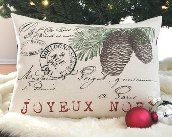 Joyeux Noel Pine Cone pillow cover, French Christmas pillow; French lumbar pillow; French, Cottage, Shabby, Farmhouse holiday decor #501