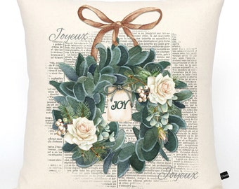 Joyeux Joy pillow cover; Joy Wreath pillow; Winter pillow, Christmas pillow, French Country, Farmhouse, shabby, cottage holiday decor; #725
