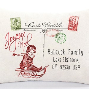 Personalized Christmas Lumbar Pillow Cover: Joyeux Noel French Postcard Design