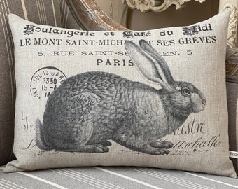 French Hare Bunny Rabbit pillow cover; French lumbar pillow; French, cottage, shabby decor; #525