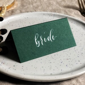 Forest Green Glitter Heart personalised Wedding place cards white Ivory Kraft 