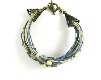 Multi String Bracelet, Hemp Bracelet, Multi Strand Bracelet, Eco Bracelet, Bead Bracelet, Upcycled Bracelet, Earth Friendly, Blue Bracelet