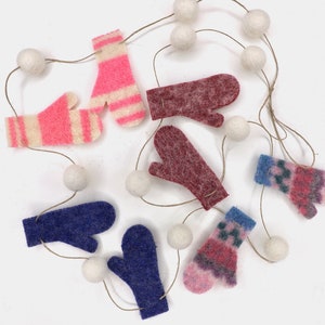 Mitten Garland,  Felted Snowball and Mitten Christmas Garland, Pink and Blue Mittens