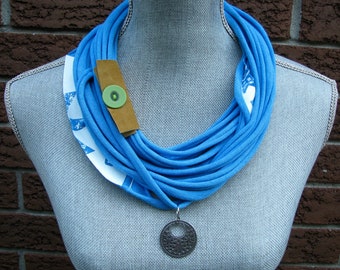 Bright Blue Upcycled T-shirt Scarf, Boho Infinity Scarf, Blue Recycled Sustainable Jewelry, Hippy bohemian inspired recycled jewelry