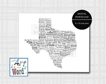 Texas Cities Digital Print, 8x10 Inches, Instant Download; Texas Map, Digital Art Print, Printable Home Decor, Printable Art, Word Art