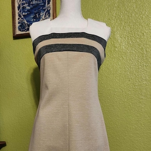 1960s vintage sleeveless mod beige black colorblock white shift dress 60s knee length small