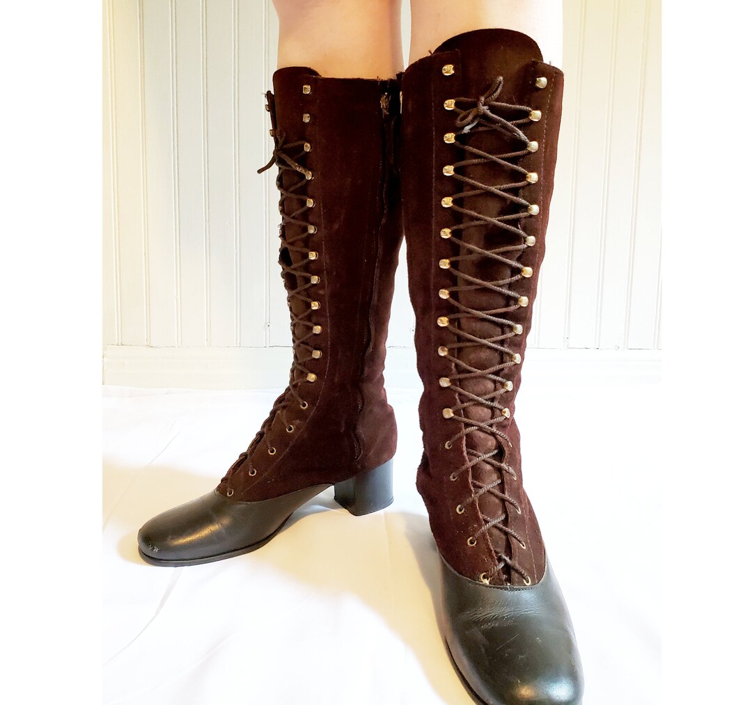 60s 70s Brown Suede Knee High Lace up Boots Size 7 Penny Lane Mod Go-go ...