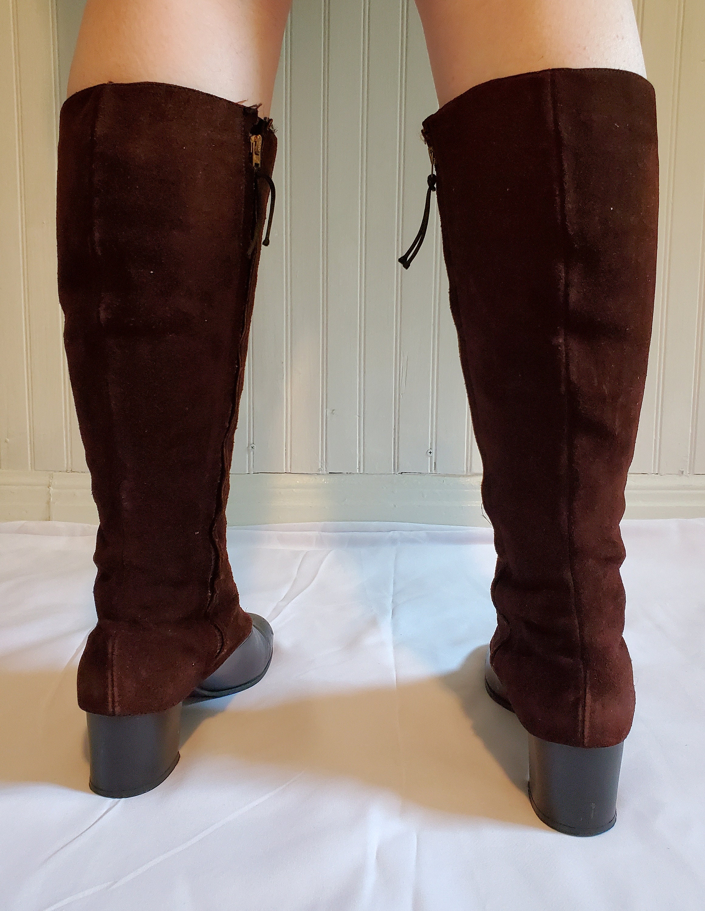 60s 70s Brown Suede Knee High Lace up Boots Size 7 Penny Lane Mod Go-go ...