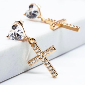 Heart with Cross Stud Earrings for Women Men Girls | 18K Gold Plated/Silver Cross Earrings Dangle Cubic Zirconia Hoop Earrings