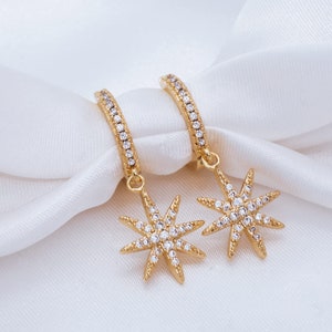 18K Gold Starburst Hoop Earrings / North Star Earrings / Gold Stars Earrings / Celestial Cubic Zirconia Dainty Earrings