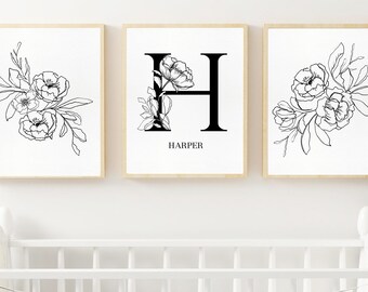 Digital, H HARPER Nursery, H Monogram Art, Girls' Name Art, Personalized, Custom Nursery Monogram H, Nursery Letter H Art, Floral Nursery
