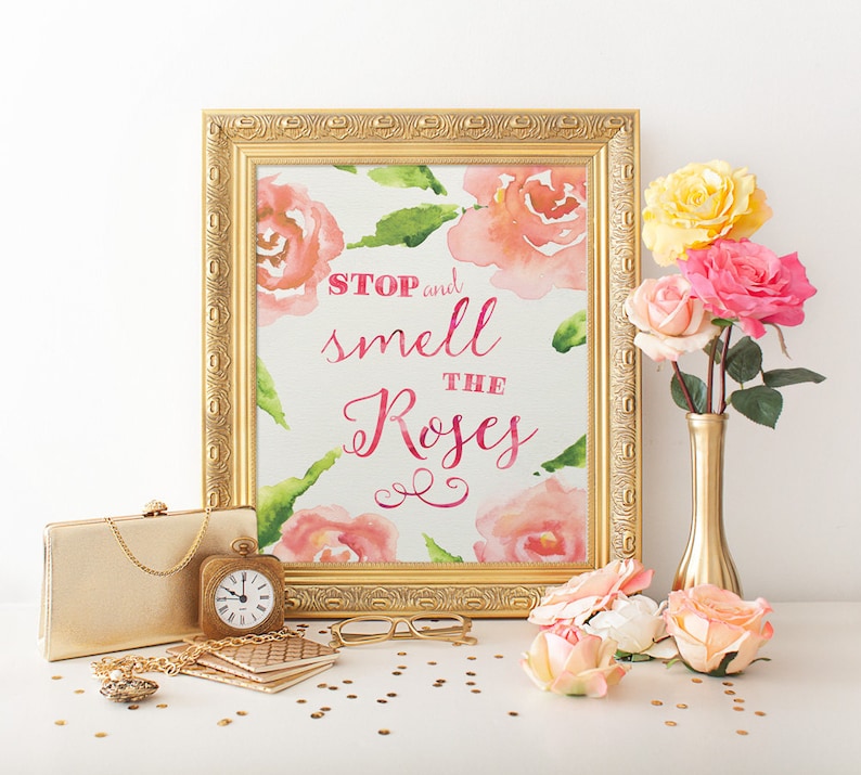 Stop and smell the roses 8x10 rose watercolor typography  etsy