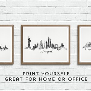 Skyline di New York City stampabile, Art di New York Skyline, New York City New York stampabile, Watercolor, Digital Download, stampa in bianco e nero