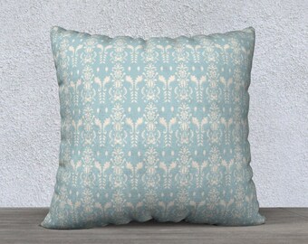 French Blue Damask Pillow Cover – Linen Blend, Farmhouse Cushion