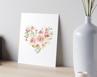 Impressão de coração com rosas em aquarela, arte para o Dia dos Namorados, decoração rosa para quarto de bebê (download digital)