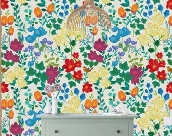 Cottagecore Bright Bold Floral Wallpaper for Girls Room - Peel and Stick Removable -  Botanical Wallpaper for Walls, Maximalist - Klimt