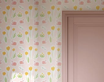 Soft Pink Floral Wallpaper for Girls Nursery - Peel Stick, PrePasted, Vinyl Wallpaper rolls - Tulips and Swans Cottagecore - Storybook style