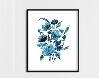 Watercolor Painting of Blue Wildflowers - Abstract Rose Print,  Floral Art, Blue Decor Wall Art, 16x20 fine art print, 11x14, 8 x 10 print