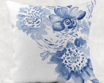 Blue and White Floral Pillow Cover - Light Denim Blue Pillow Cover,  Linen Throw Pillow Case, Watercolor Flower Decorative Cushion  18 x 18