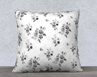 Black and White Pillow Cover, 22x22 Floral Pillow, Modern Farmhouse Decor, Couch Accent Pillow, 18x18 Cushion Cover, Rose Pattern, farmhouse