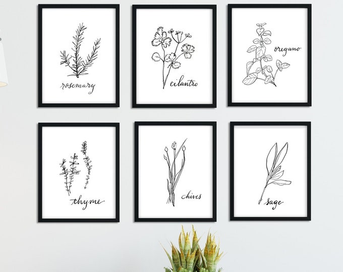 Set of 6 Herb Prints Black and White Kitchen Printable Art - Etsy