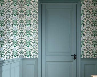 Botanical Green and Blue Wallpaper - Peel and Stick or Traditional Rolls -  Coastal Floral Pattern for Home - Classic
