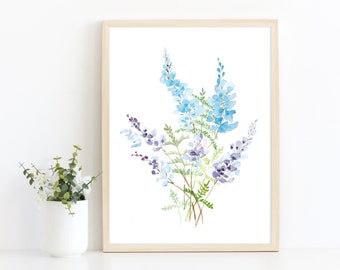 Watercolor Painting of Blue Wildflowers - Lupine Flower Print, 8x8 print, 11x14, 8 x 10 print, Floral Art, Square Wall Art, Blue and purple