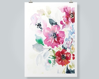 Floral Watercolor Art - Colorful Watercolor Painting, 11x14 print, Large Painting, Print with Pink, Expressive Flower, 8x10, archival print