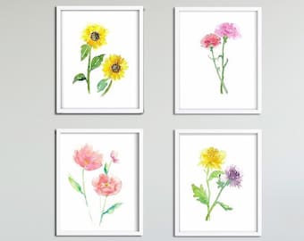 Watercolor Floral Set of prints, Set of six, Set of four, Poppy Painting, Rose Painting, Sunflower print, Pink Flowers, Floral Wall Art