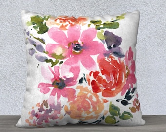 Watercolor Floral Pillow Cover – Pink Flower Bouquet, Maximalist Decor