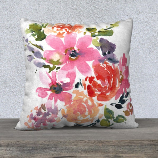 Floral Pillow Cover - Pink Flower Covers, Pillow Cover with Zipper, 22 x22" Watercolor Floral Pillow, 18 x 18 Pillow Cover, Maximalist decor