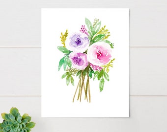 Purple and Pink Flower Watercolor Wall Art, Large Flower Print, - up to  16 x 20 Watercolor Roses Print, Bouquet, Floral Painting, Girls