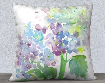 Watercolor Hydrangea Pillow Cover, Blue Floral Print, Cottage Chic