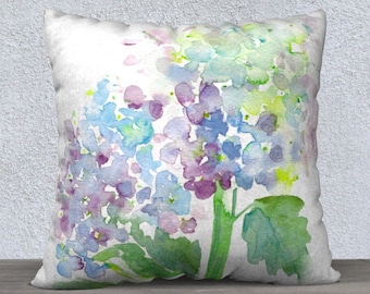 Hydrangea Decorative Pillow Cover 18x18, 22x22, Blue Floral Print Pillow, Watercolor Throw Pillow, Shabby French Farmhouse Cottage Chic