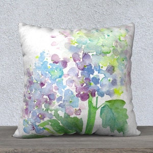 Hydrangea Decorative Pillow Cover 18x18, 22x22, Blue Floral Print Pillow, Watercolor Throw Pillow, Shabby French Farmhouse Cottage Chic