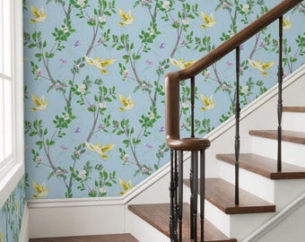 Chinoiserie Wallpaper Blue Bedroom - Removable Peel and Stick for Powder Room - Botanical Print Bird Butterfly Garden Design - Green