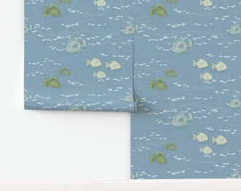 Lake House Blue - Fish Peel and Stick Wallpaper for Bathroom  -  Minimal Nautical - Coastal Ocean Life - Underwater for Kids Room