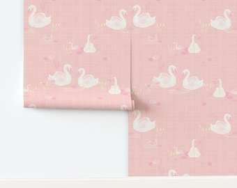Swans Wallpaper - White Birds on Pastel - Girls Nursery Wallpaper Rolls - Cottagecore Bedroom Idea - Peel & stick and removable options