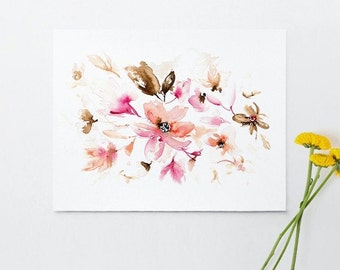 Abstract Floral Watercolor Giclee Print, Pink and Coral Wildflowers