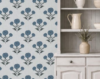 Yellow or Blue Floral - Retro Marigold Wallpaper - Peel and Stick or Prepasted or Vinyl rolls - Botanical Wildflower Wallpaper for Home