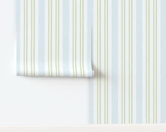 Pale Blue and Green and White Striped Wallpaper - Baby Boys Nursery - Soft Pastel blue Farmhouse wallpaper rolls w ticking stripe removable